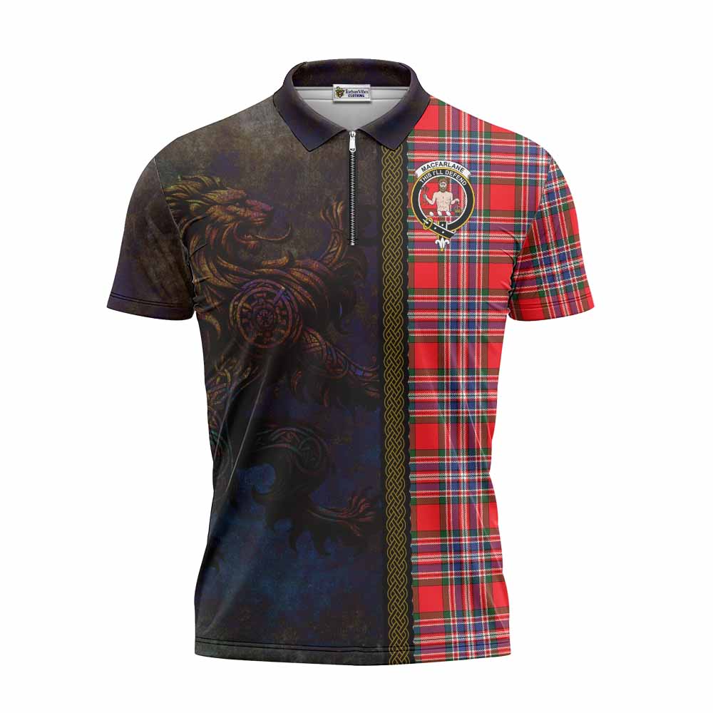 Tartan Vibes Clothing MacFarlane (McFarlane) Tartan Family Crest Zipper Polo Shirt Alba Gu Brath Be Brave Lion Ancient Style