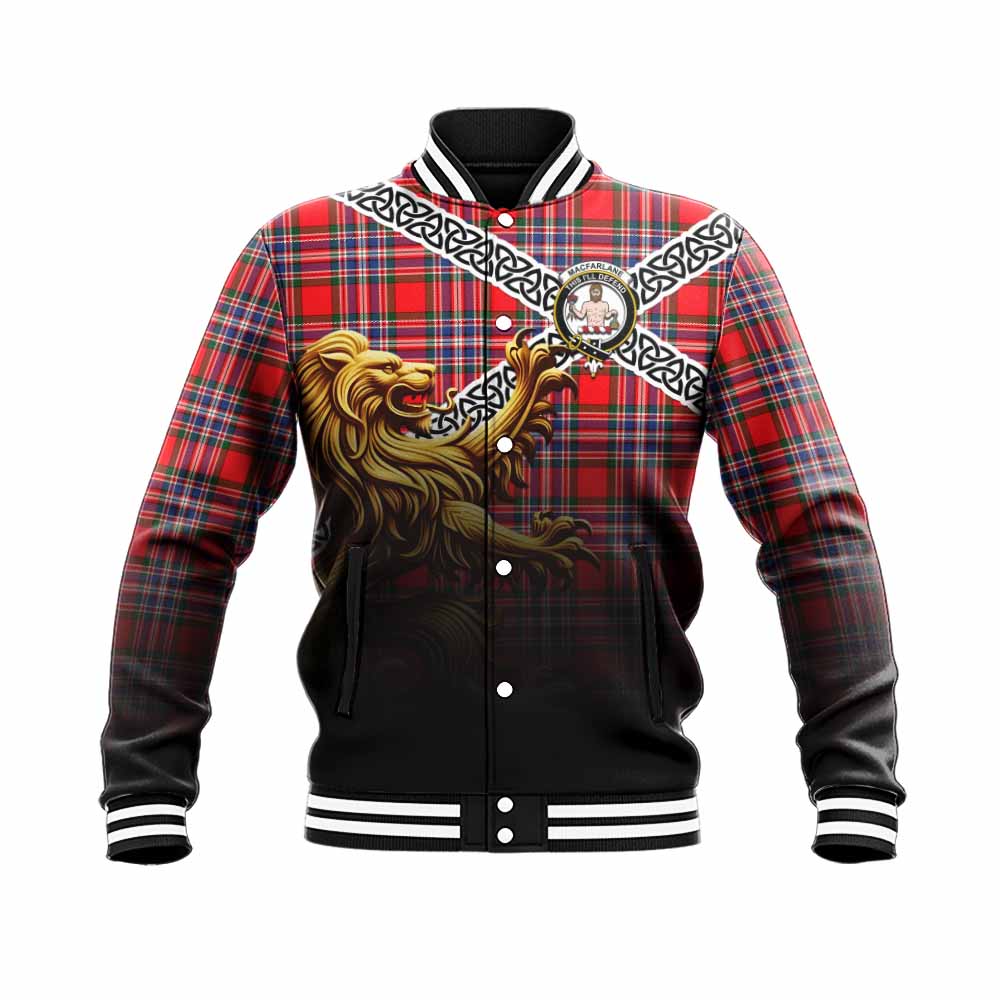 Tartan Vibes Clothing MacFarlane (McFarlane) Crest Tartan Baseball Jacket with Golden Lion Emblem Celtic Style