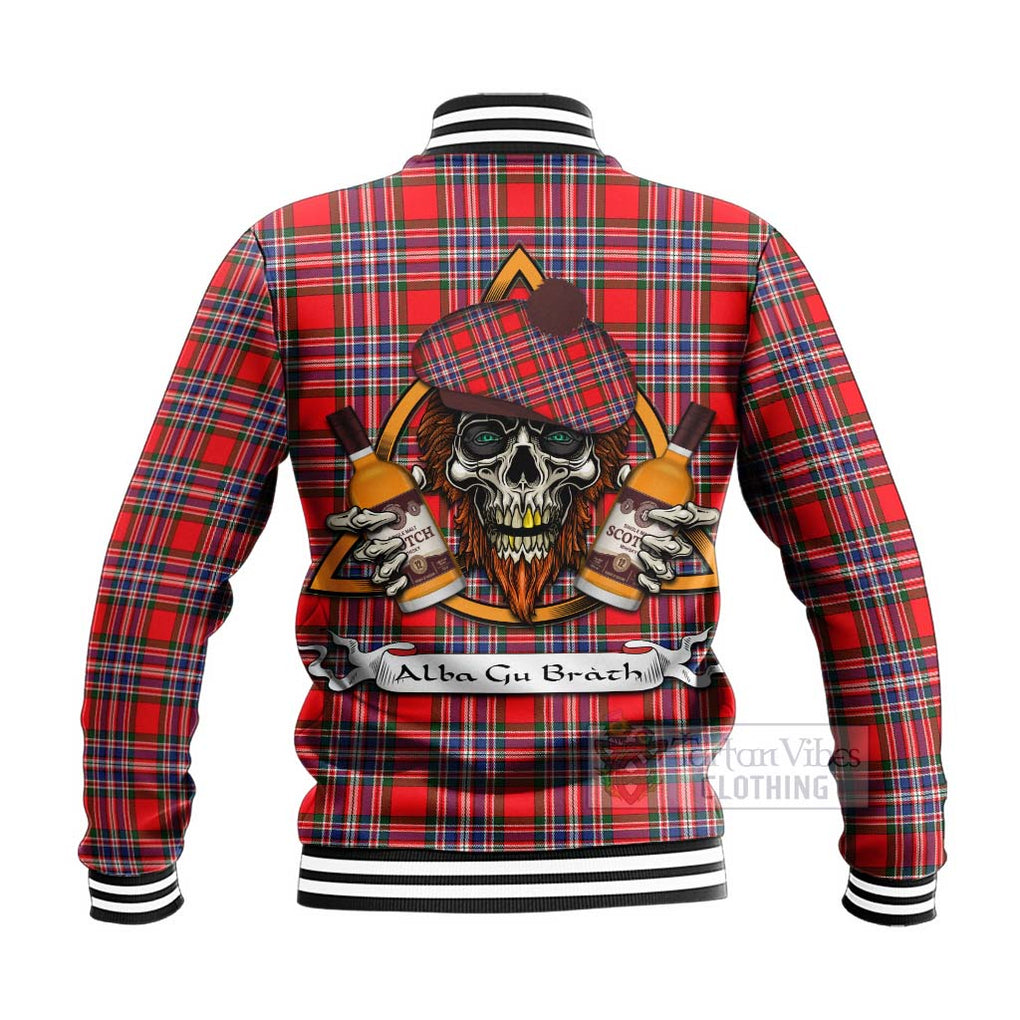 MacFarlane (McFarlane) Tartan Baseball Jacket with Family Crest and Bearded Skull Holding Bottles of Whiskey - Tartan Vibes Clothing