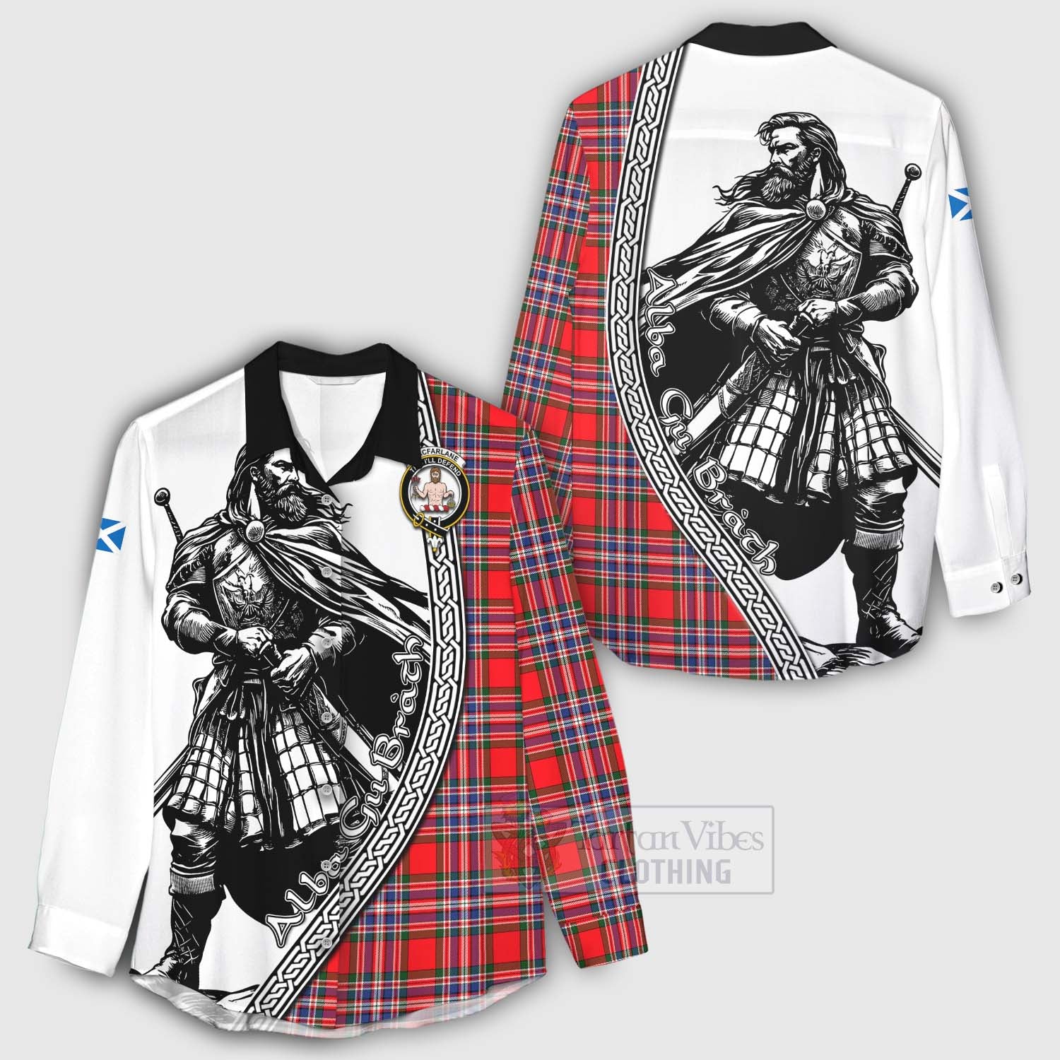 Tartan Vibes Clothing MacFarlane (McFarlane) Tartan Clan Crest Women's Casual Shirt with Highlander Warrior Celtic Style