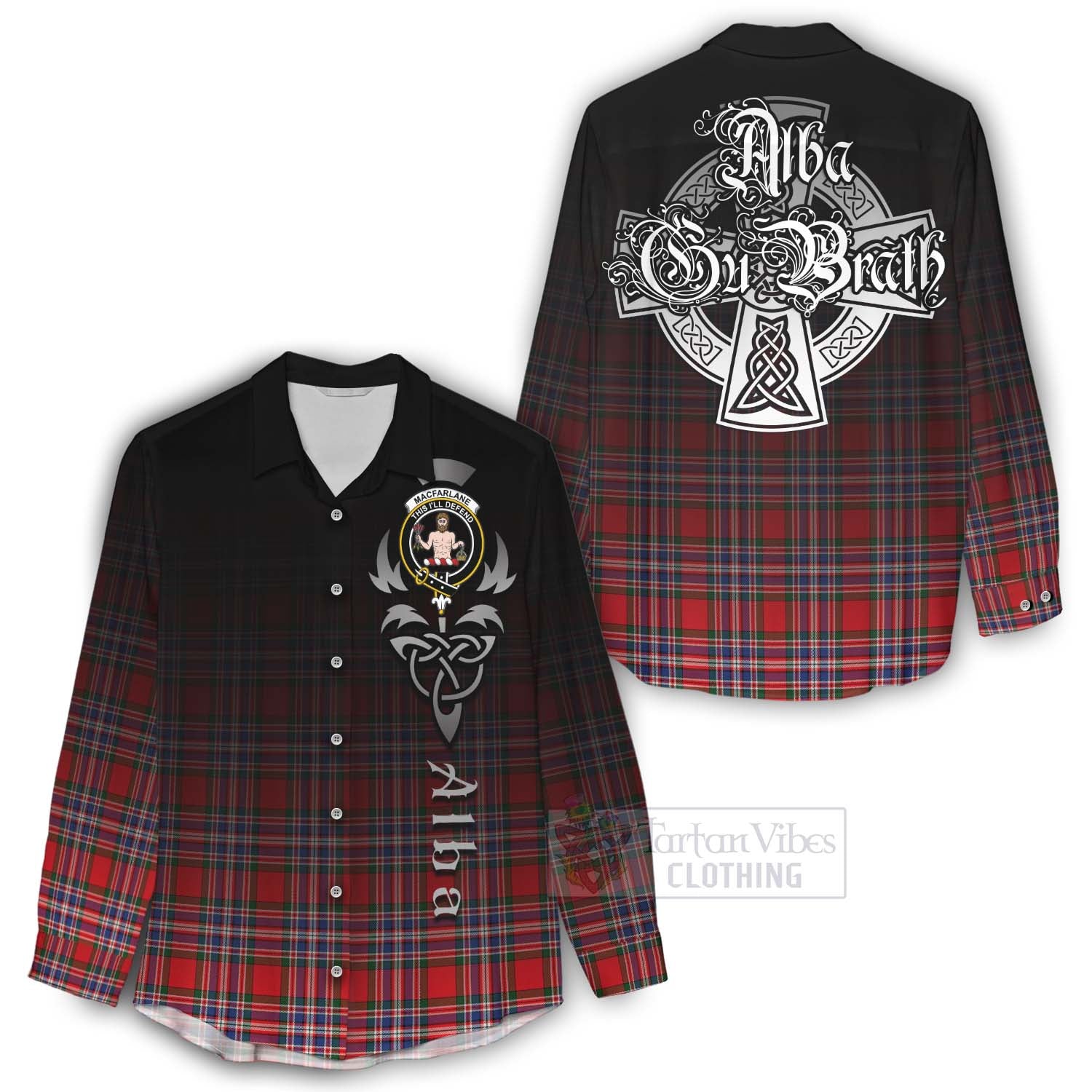 Tartan Vibes Clothing MacFarlane (McFarlane) Tartan Women's Casual Shirt Featuring Alba Gu Brath Family Crest Celtic Inspired