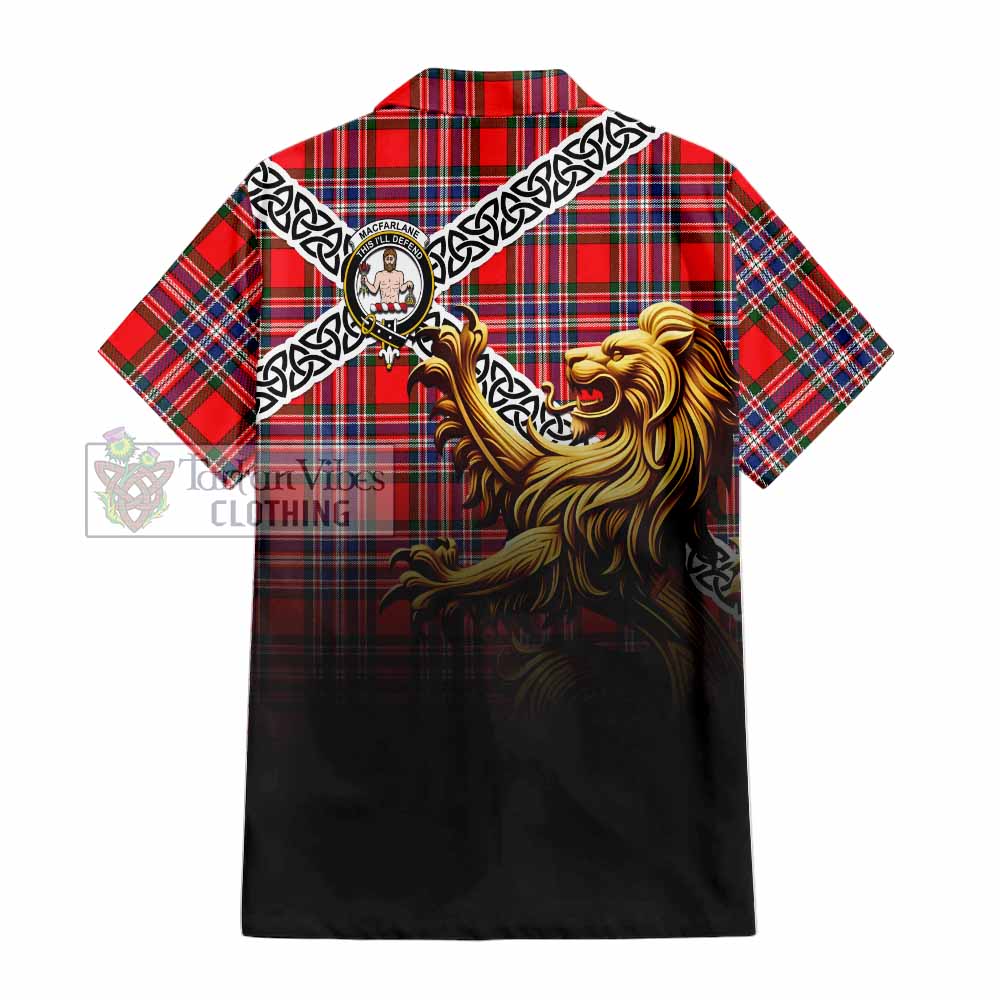 Tartan Vibes Clothing MacFarlane (McFarlane) Crest Tartan Short Sleeve Button Shirt with Golden Lion Emblem Celtic Style