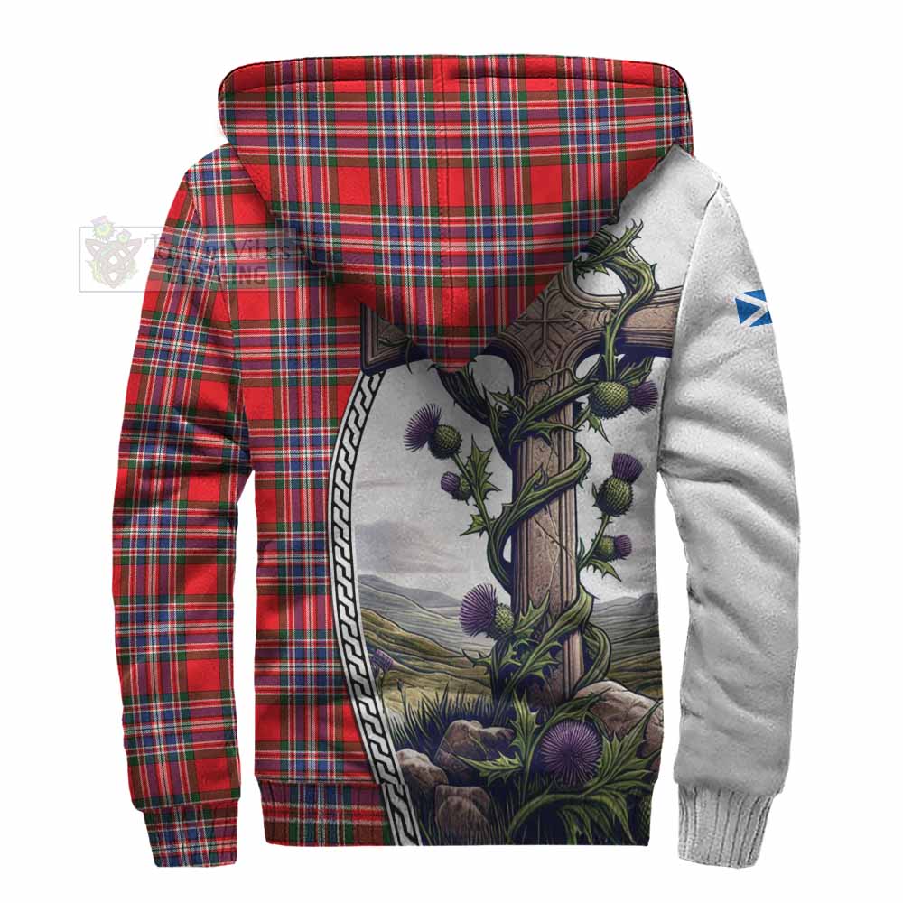 Tartan Vibes Clothing MacFarlane (McFarlane) Tartan Sherpa Hoodie with Family Crest and St. Andrew's Cross Accented by Thistle Vines