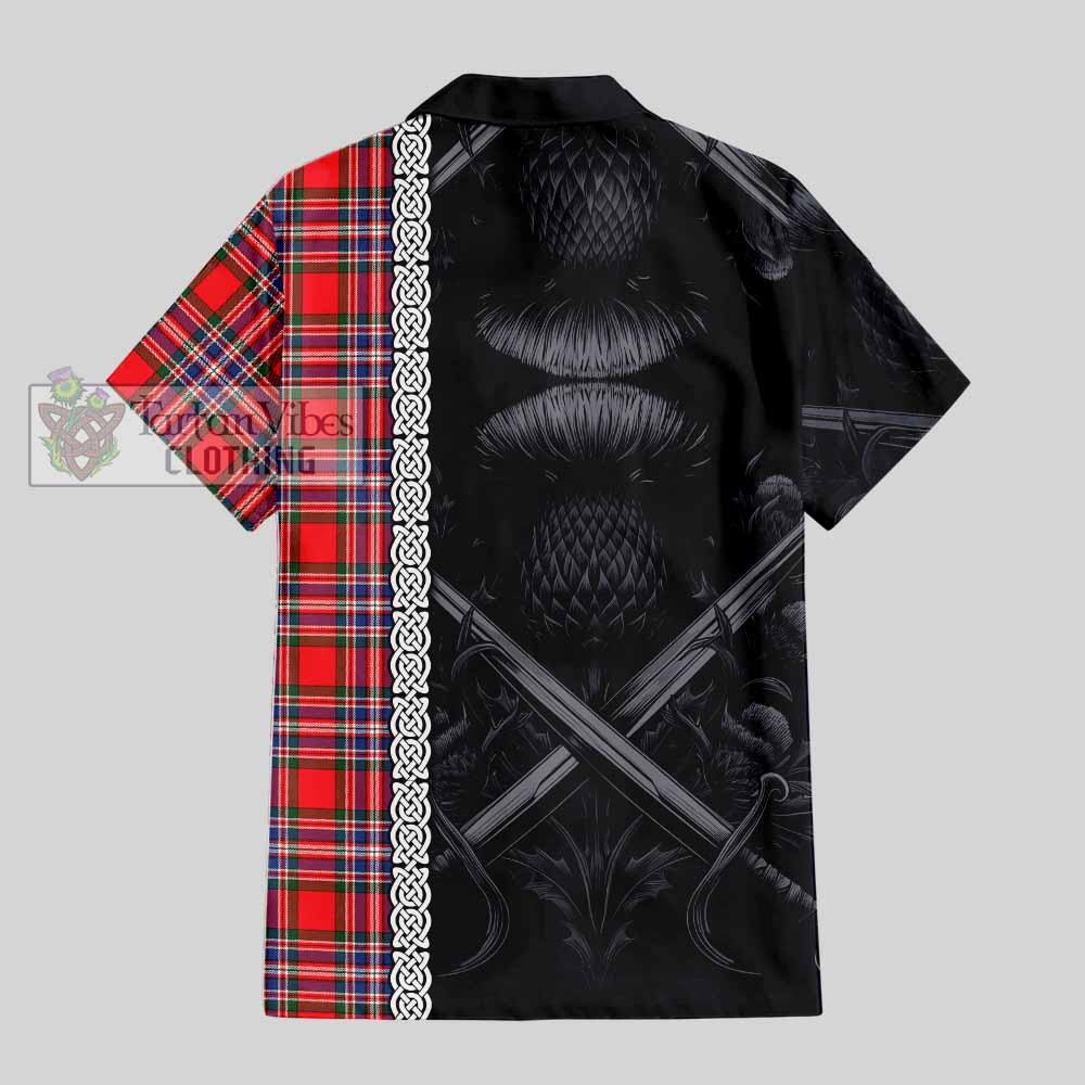 Tartan Vibes Clothing MacFarlane (McFarlane) Tartan Short Sleeve Button Shirt with Family Crest Cross Sword Thistle Celtic Vibes