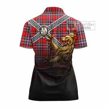 MacFarlane (McFarlane) Crest Tartan Women's Polo Shirt with Golden Lion Emblem Celtic Style