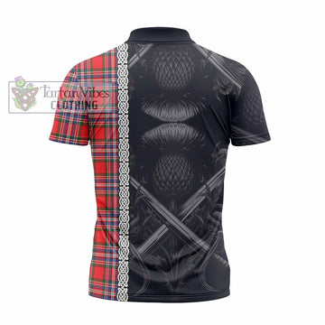 MacFarlane (McFarlane) Tartan Zipper Polo Shirt with Family Crest Cross Sword Thistle Celtic Vibes