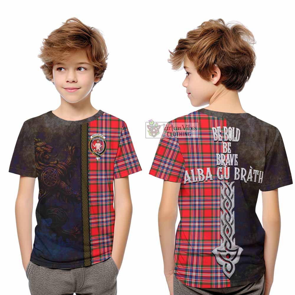 Tartan Vibes Clothing MacFarlane (McFarlane) Tartan Family Crest Kid T-Shirt Alba Gu Brath Be Brave Lion Ancient Style