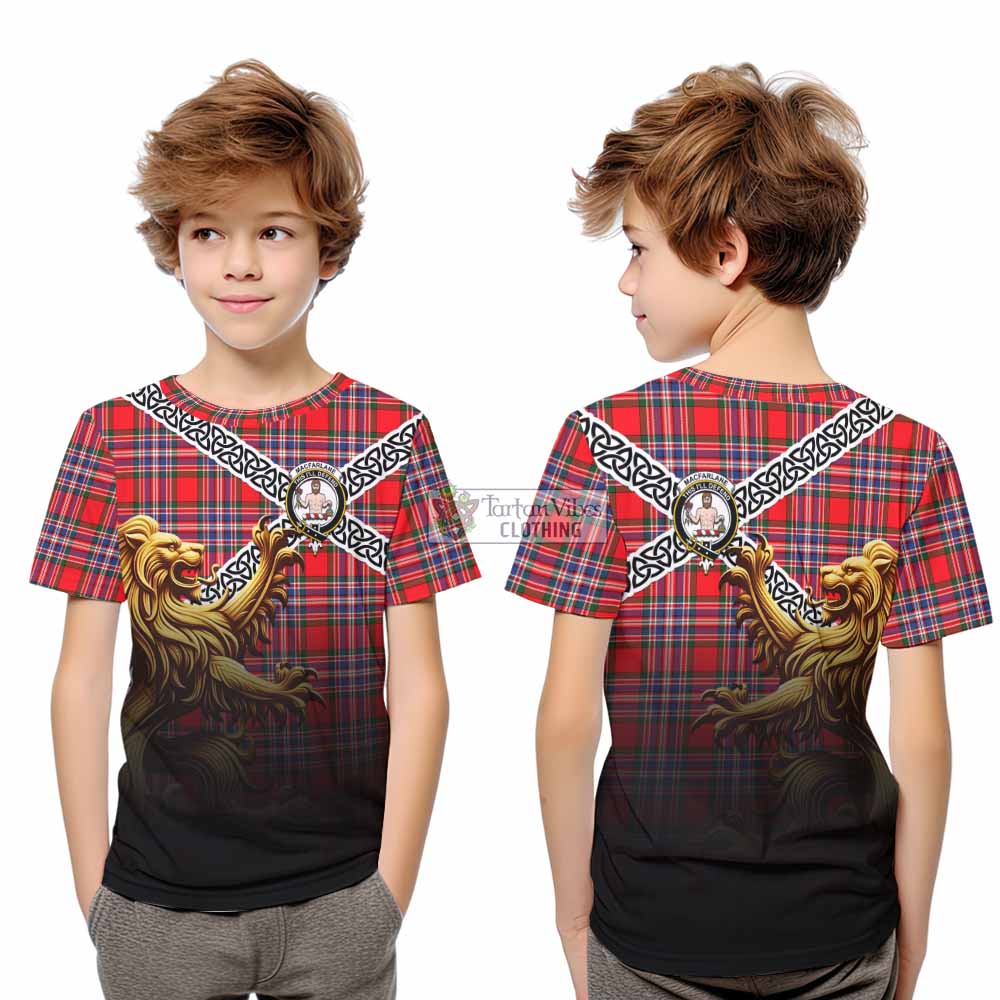 Tartan Vibes Clothing MacFarlane (McFarlane) Crest Tartan Kid T-Shirt with Golden Lion Emblem Celtic Style