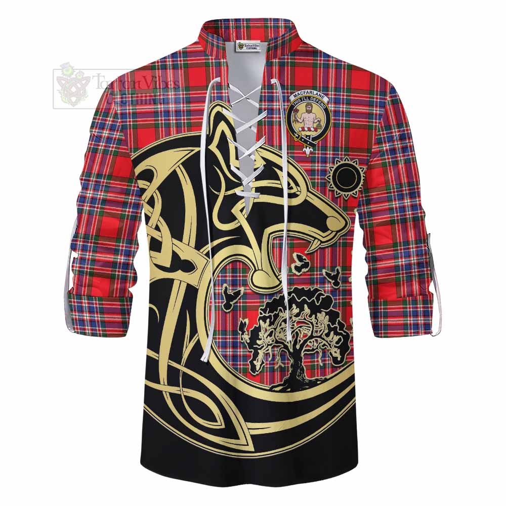 Tartan Vibes Clothing MacFarlane (McFarlane) Tartan Ghillie Kilt Shirt with Family Crest Celtic Wolf Style