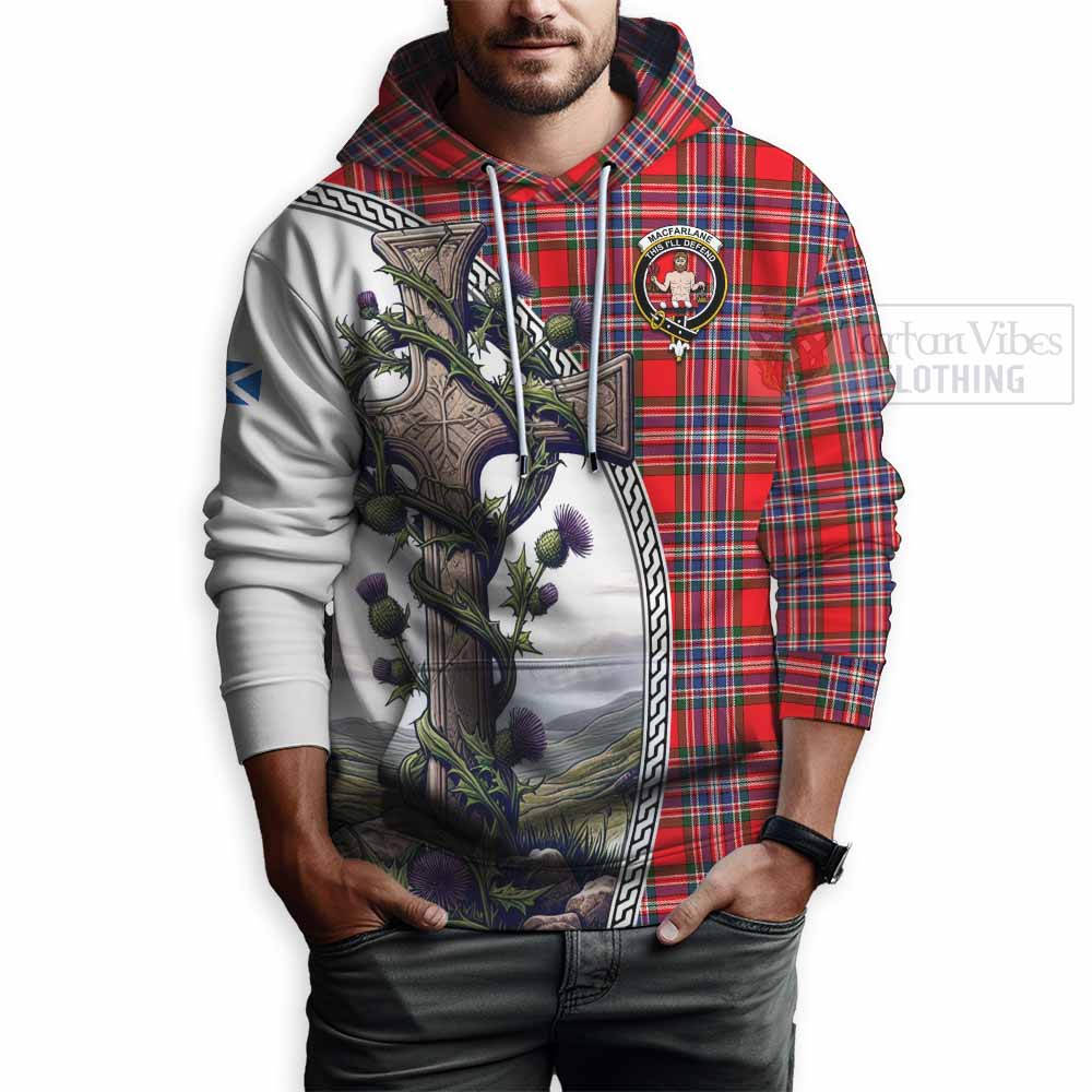 Tartan Vibes Clothing MacFarlane (McFarlane) Tartan Hoodie with Family Crest and St. Andrew's Cross Accented by Thistle Vines
