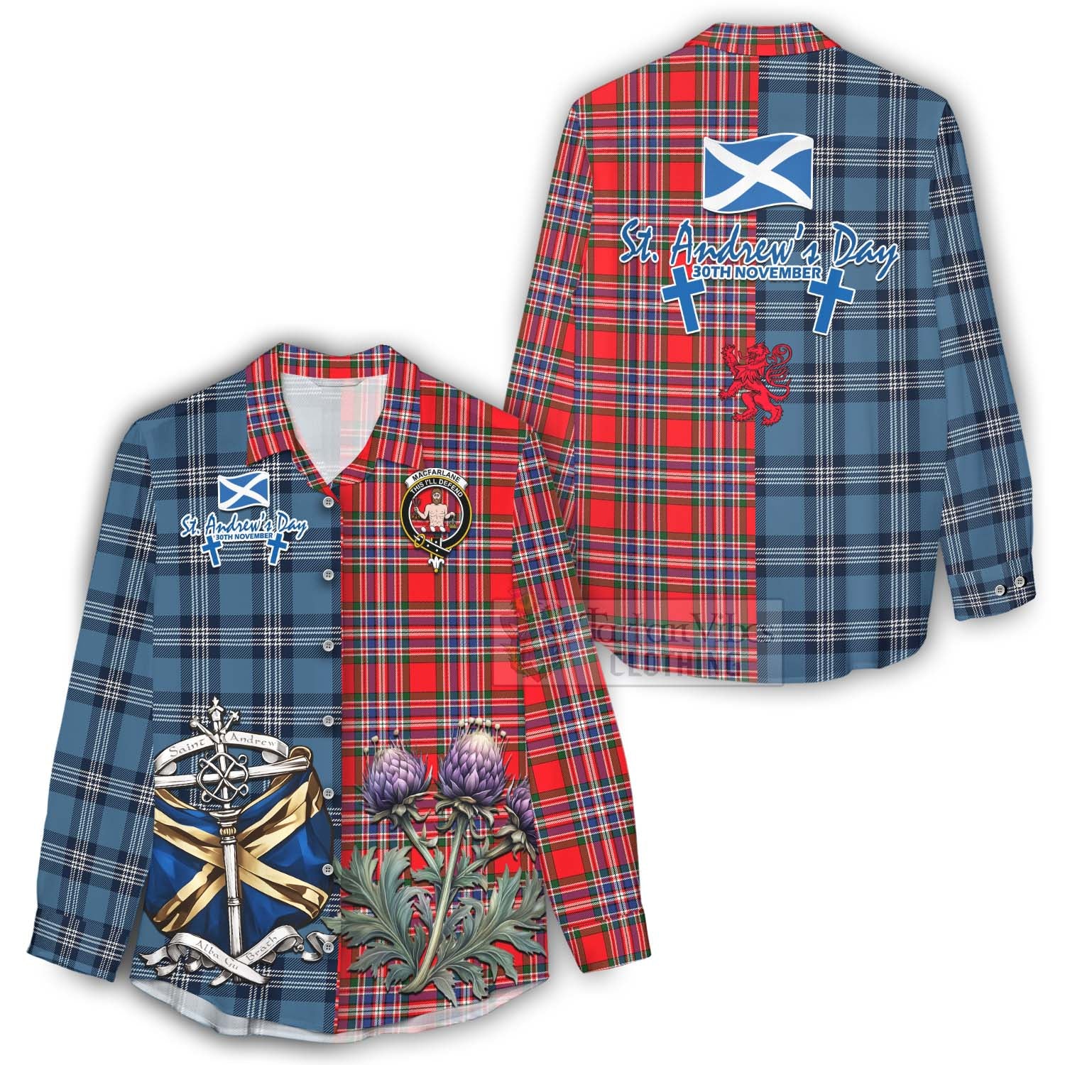 Tartan Vibes Clothing MacFarlane (McFarlane) Tartan Women's Casual Shirt Happy St. Andrew's Day Half Tartan Style