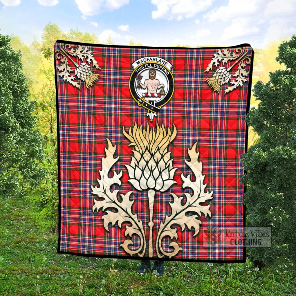 Tartan Vibes Clothing MacFarlane (McFarlane) Tartan Quilt with Family Crest and Golden Thistle Style