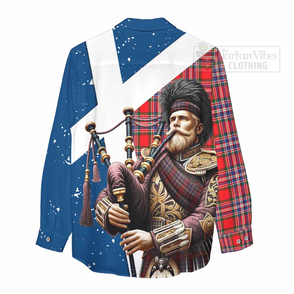Tartan Vibes Clothing MacFarlane (McFarlane) Tartan Women's Casual Shirt with Family Crest Scottish Bagpiper Vibes