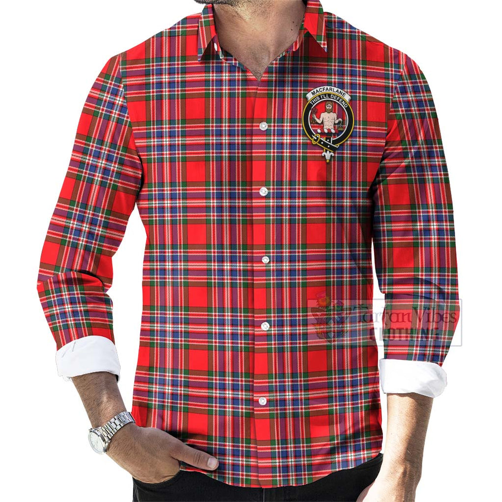 Tartan Vibes Clothing MacFarlane (McFarlane) Tartan Long Sleeve Button Shirt with Family Crest and Bearded Skull Holding Bottles of Whiskey