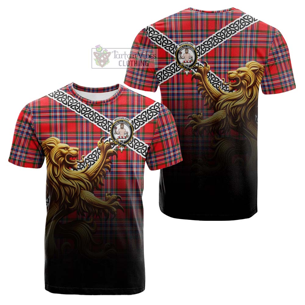 Tartan Vibes Clothing MacFarlane (McFarlane) Crest Tartan Cotton T-shirt with Golden Lion Emblem Celtic Style