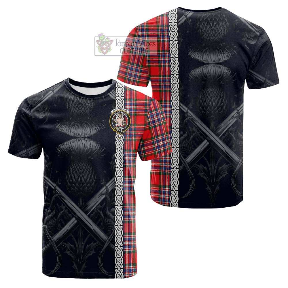 Tartan Vibes Clothing MacFarlane (McFarlane) Tartan Cotton T-shirt with Family Crest Cross Sword Thistle Celtic Vibes