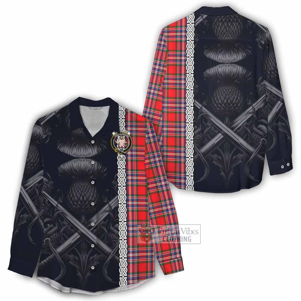 Tartan Vibes Clothing MacFarlane (McFarlane) Tartan Women's Casual Shirt with Family Crest Cross Sword Thistle Celtic Vibes