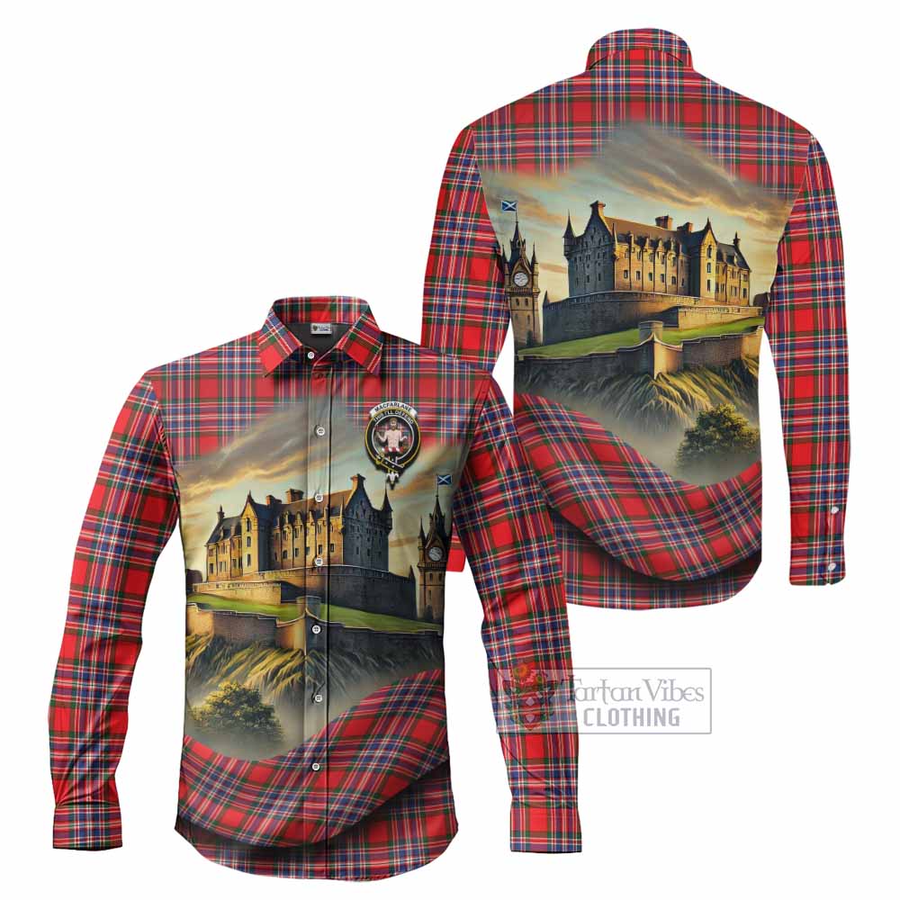 Tartan Vibes Clothing MacFarlane (McFarlane) Tartan Family Crest Long Sleeve Button Shirt with Scottish Ancient Castle Style