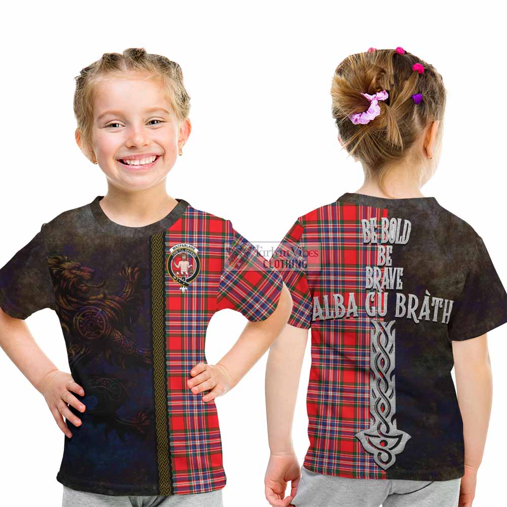 Tartan Vibes Clothing MacFarlane (McFarlane) Tartan Family Crest Kid T-Shirt Alba Gu Brath Be Brave Lion Ancient Style