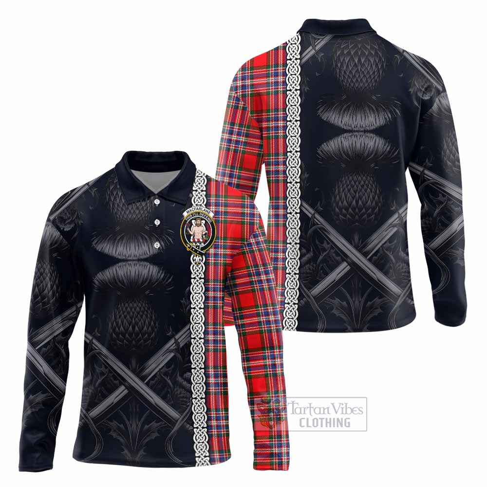 Tartan Vibes Clothing MacFarlane (McFarlane) Tartan Long Sleeve Polo Shirt with Family Crest Cross Sword Thistle Celtic Vibes