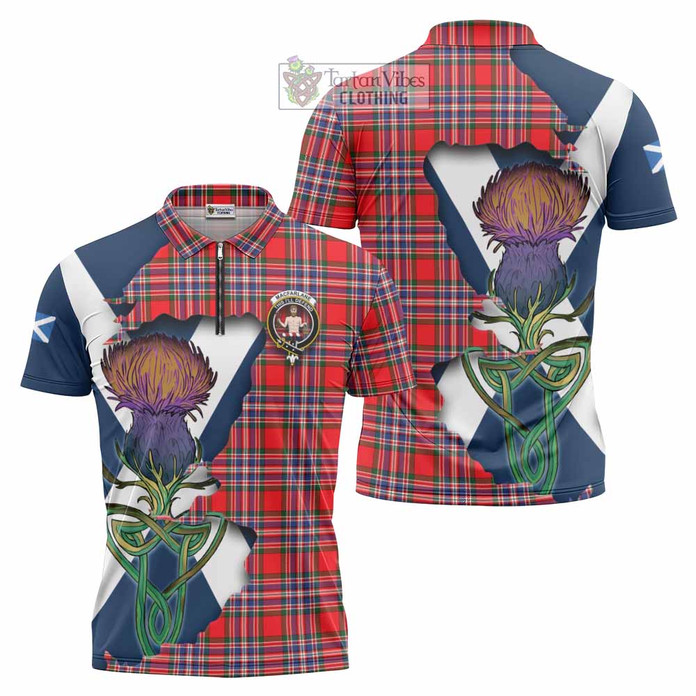 Tartan Vibes Clothing MacFarlane (McFarlane) Tartan Family Crest Zipper Polo Shirt Scottish Thistle Celtic Inspired