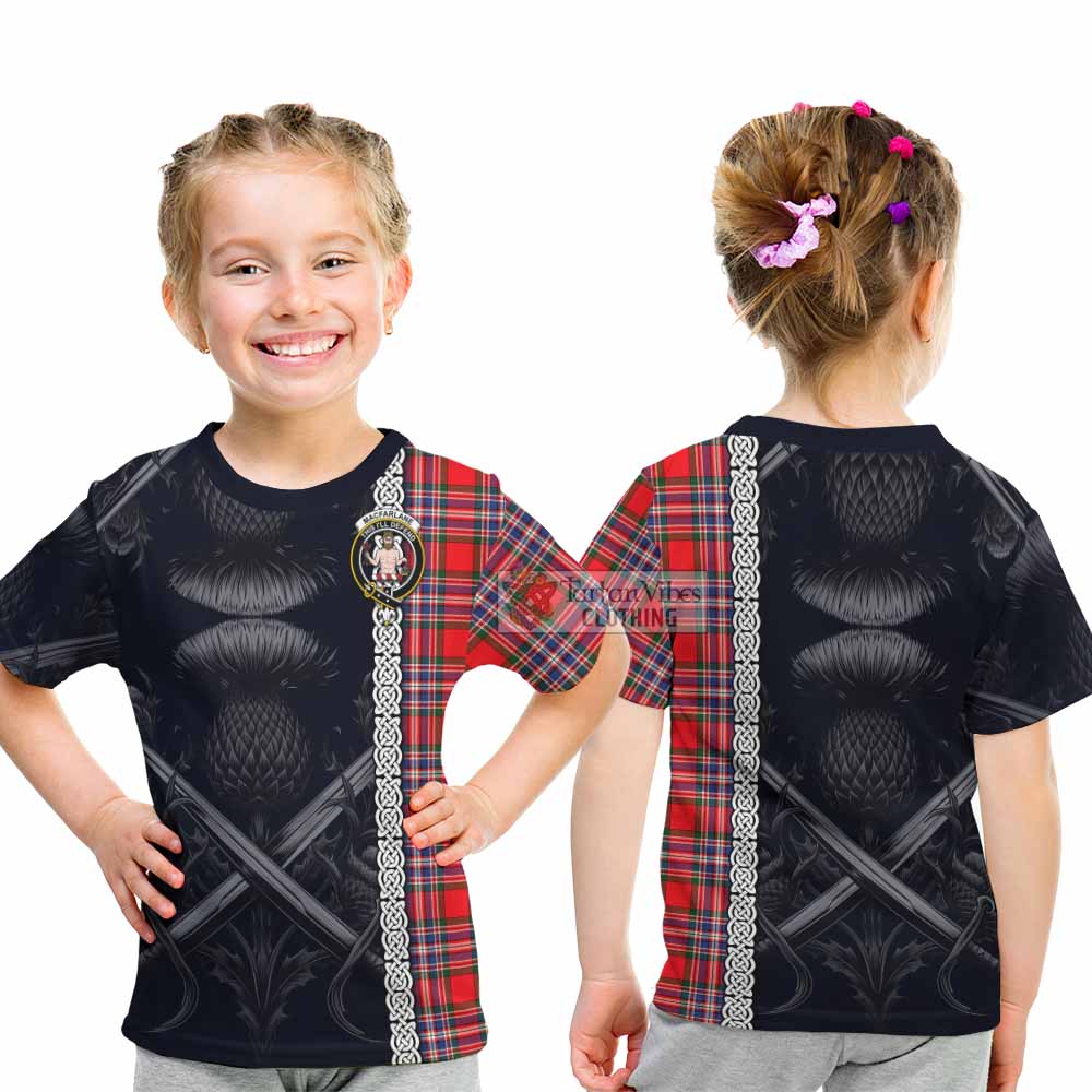 Tartan Vibes Clothing MacFarlane (McFarlane) Tartan Kid T-Shirt with Family Crest Cross Sword Thistle Celtic Vibes