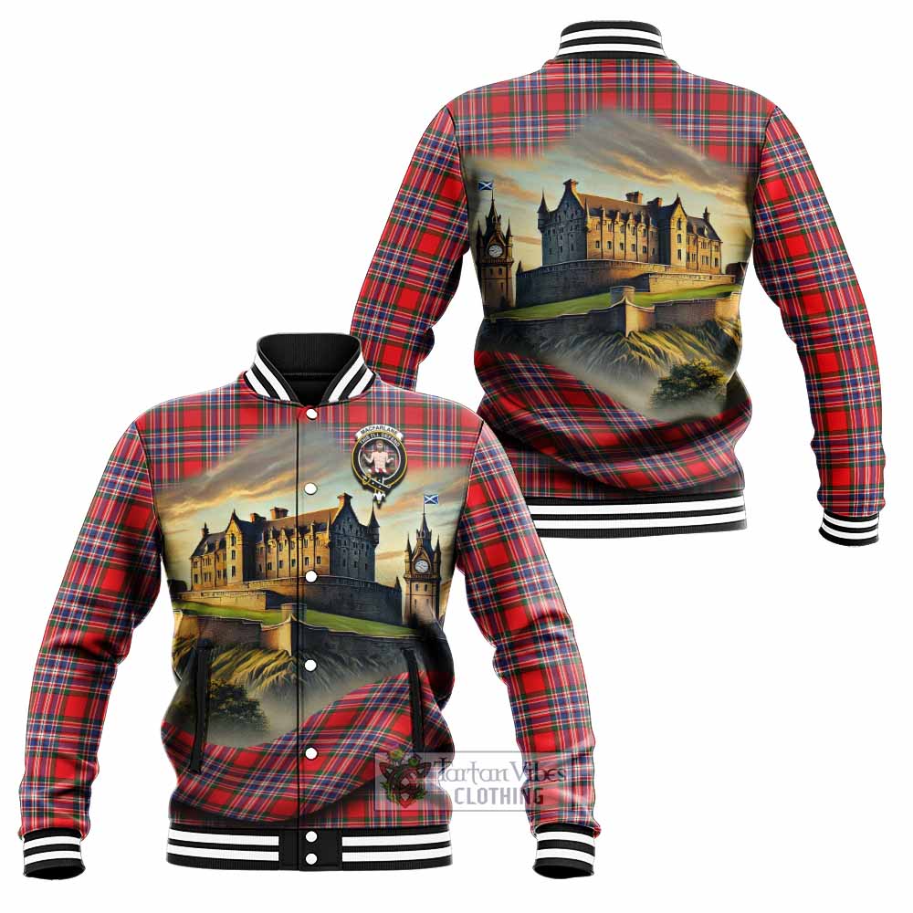 Tartan Vibes Clothing MacFarlane (McFarlane) Tartan Family Crest Baseball Jacket with Scottish Ancient Castle Style