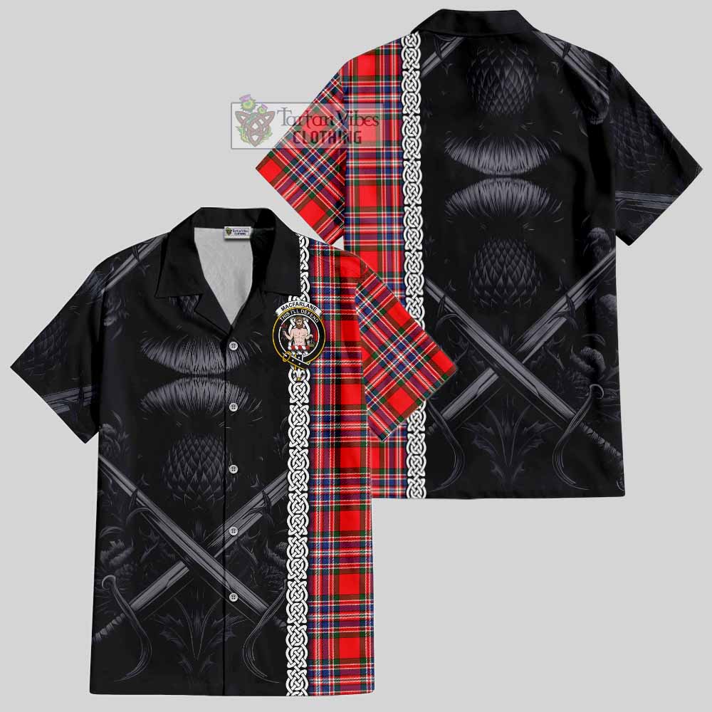 Tartan Vibes Clothing MacFarlane (McFarlane) Tartan Short Sleeve Button Shirt with Family Crest Cross Sword Thistle Celtic Vibes