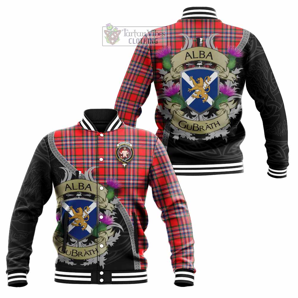 Tartan Vibes Clothing MacFarlane (McFarlane) Tartan Family Crest Baseball Jacket Lion Rampant Royal Thistle Shield Celtic Inspired
