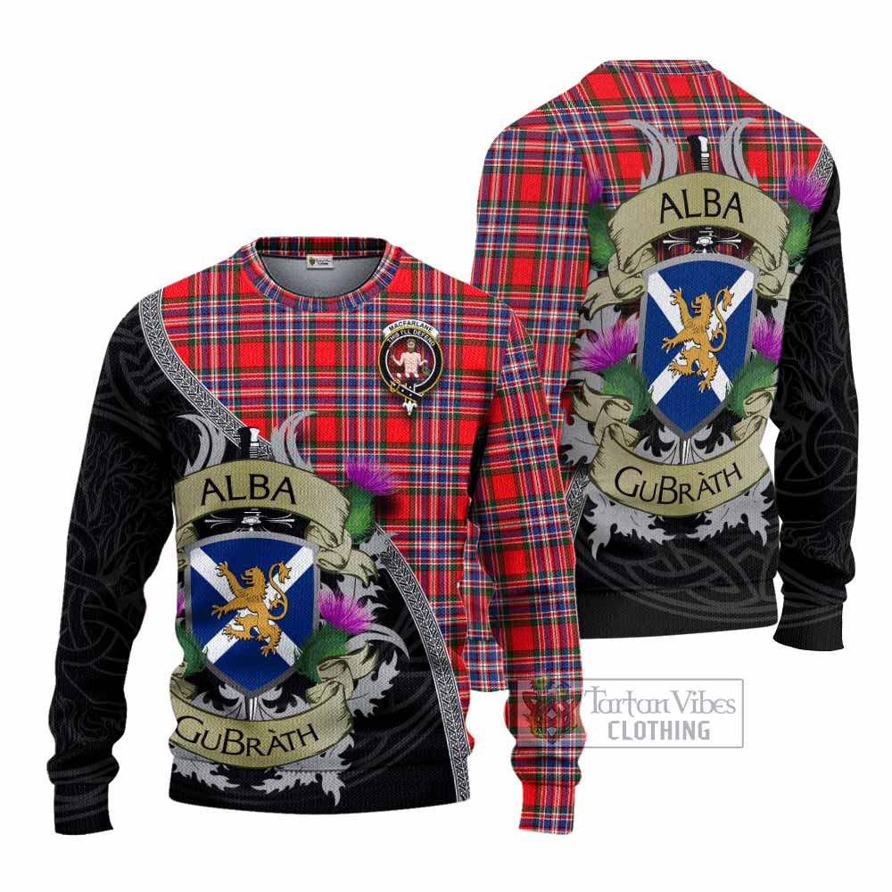 Tartan Vibes Clothing MacFarlane (McFarlane) Tartan Family Crest Knitted Sweater Lion Rampant Royal Thistle Shield Celtic Inspired