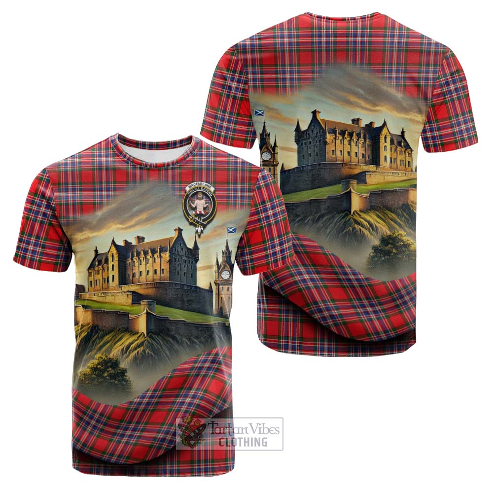 Tartan Vibes Clothing MacFarlane (McFarlane) Tartan Family Crest Cotton T-shirt with Scottish Ancient Castle Style