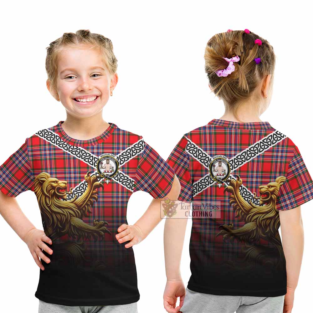 Tartan Vibes Clothing MacFarlane (McFarlane) Crest Tartan Kid T-Shirt with Golden Lion Emblem Celtic Style