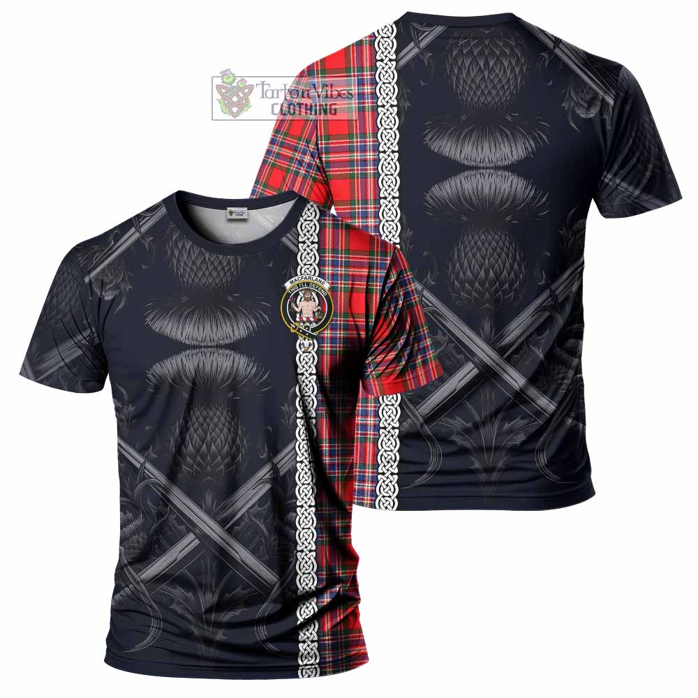 Tartan Vibes Clothing MacFarlane (McFarlane) Tartan T-Shirt with Family Crest Cross Sword Thistle Celtic Vibes