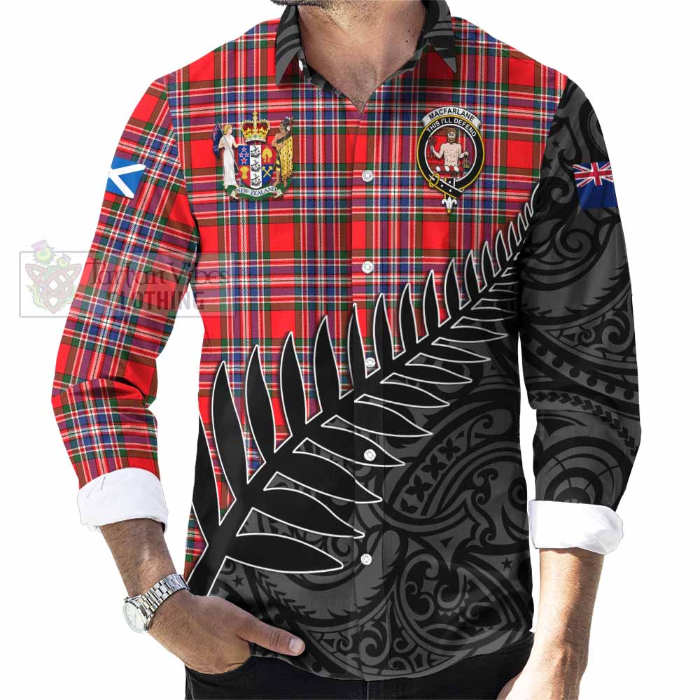 Tartan Vibes Clothing MacFarlane (McFarlane) Crest Tartan Long Sleeve Button Shirt with New Zealand Silver Fern Half Style