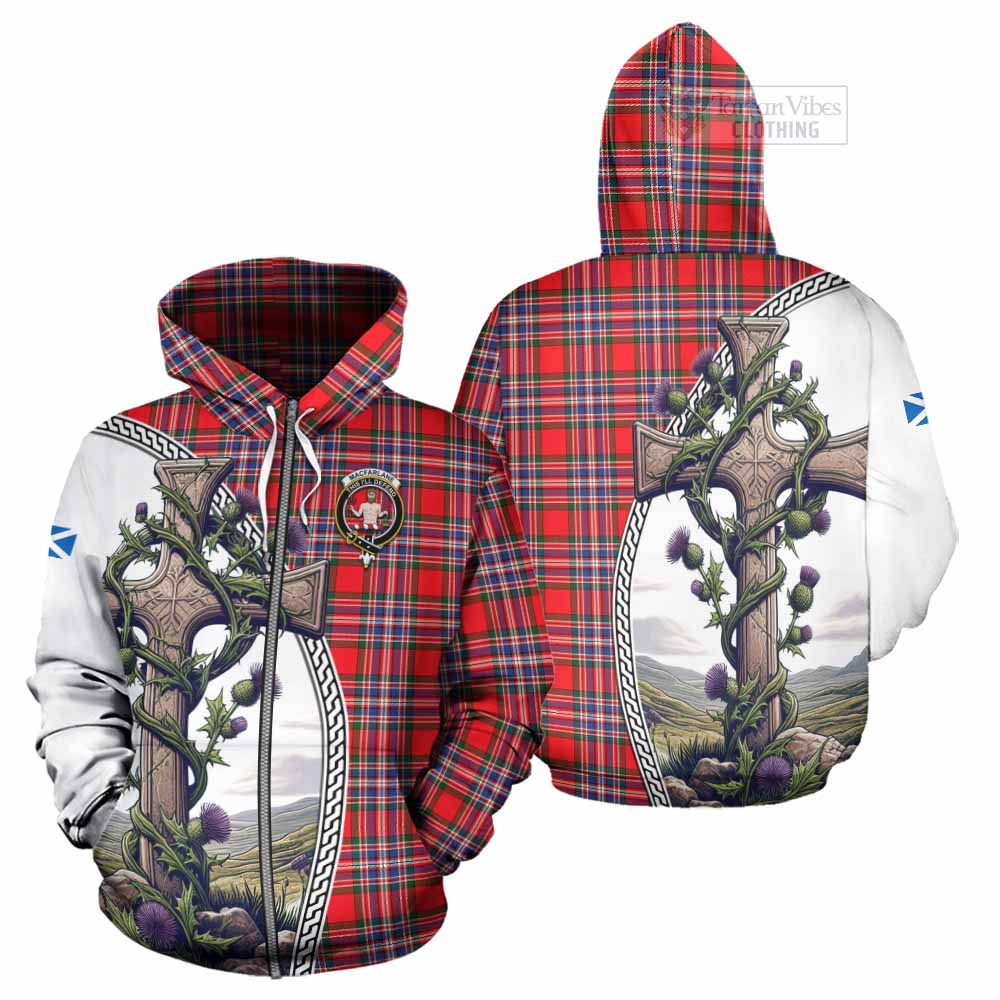Tartan Vibes Clothing MacFarlane (McFarlane) Tartan Hoodie with Family Crest and St. Andrew's Cross Accented by Thistle Vines