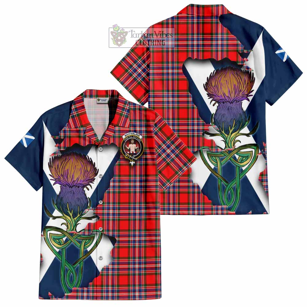 Tartan Vibes Clothing MacFarlane (McFarlane) Tartan Family Crest Short Sleeve Button Shirt Scottish Thistle Celtic Inspired