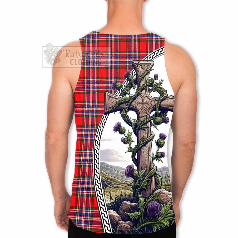 Tartan Vibes Clothing MacFarlane (McFarlane) Tartan Men's Tank Top with Family Crest and St. Andrew's Cross Accented by Thistle Vines