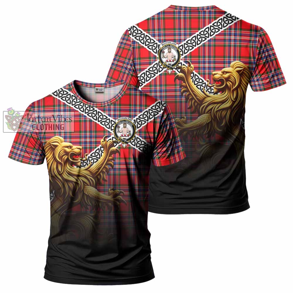 Tartan Vibes Clothing MacFarlane (McFarlane) Crest Tartan T-Shirt with Golden Lion Emblem Celtic Style