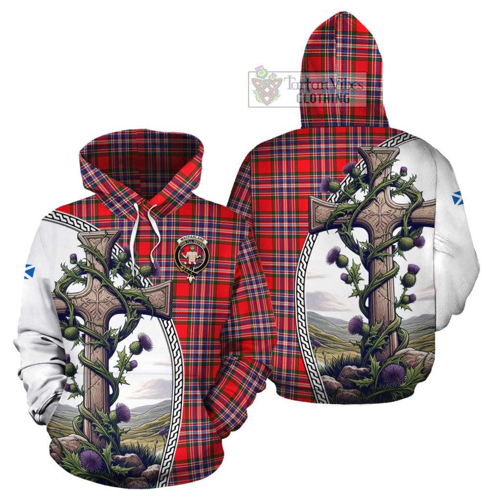 Tartan Vibes Clothing MacFarlane (McFarlane) Tartan Cotton Hoodie with Family Crest and St. Andrew's Cross Accented by Thistle Vines