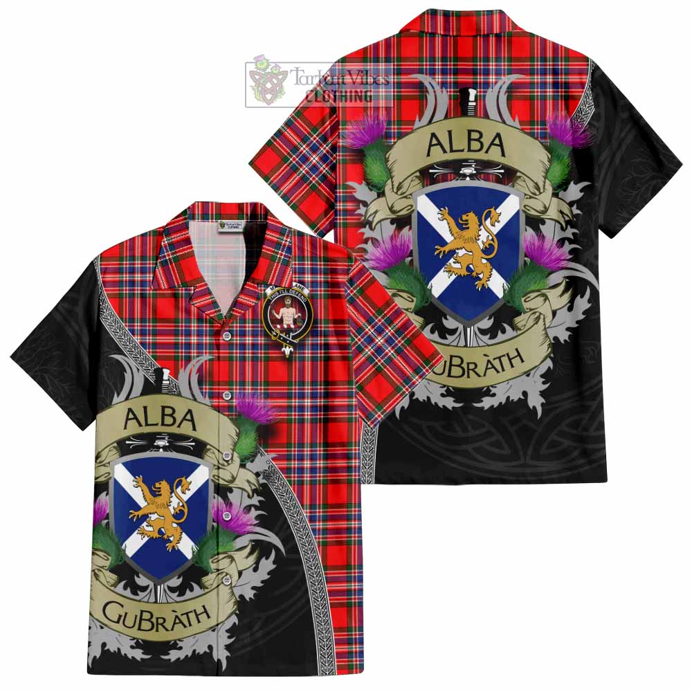 Tartan Vibes Clothing MacFarlane (McFarlane) Tartan Family Crest Short Sleeve Button Shirt Lion Rampant Royal Thistle Shield Celtic Inspired