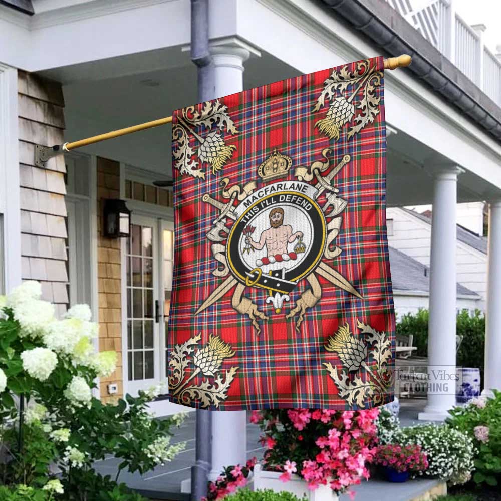 Tartan Vibes Clothing MacFarlane (McFarlane) Tartan Flag with Family Crest and Golden Thistle Crossed Sword Design