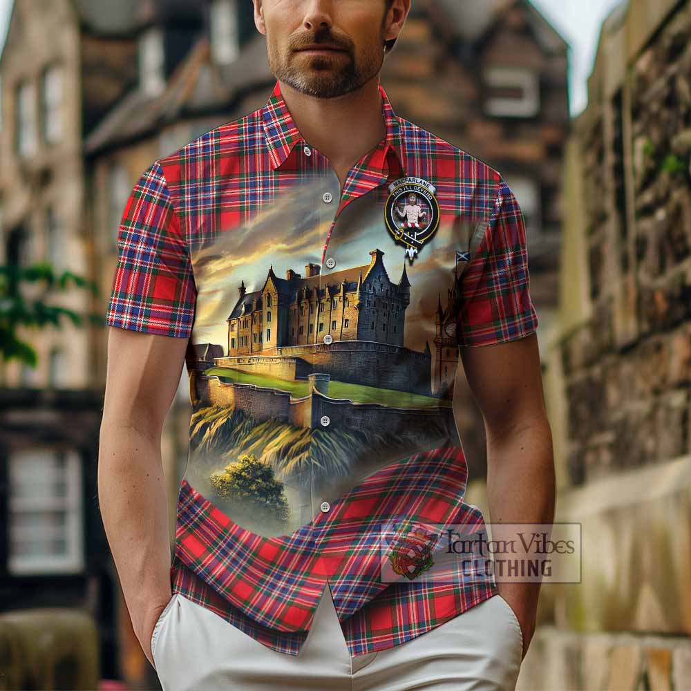 Tartan Vibes Clothing MacFarlane (McFarlane) Tartan Family Crest Short Sleeve Button Shirt with Scottish Ancient Castle Style