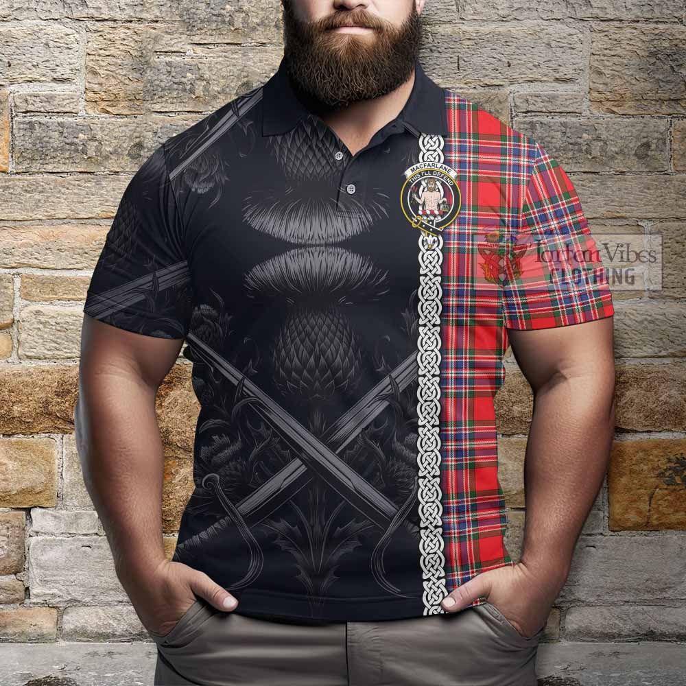 Tartan Vibes Clothing MacFarlane (McFarlane) Tartan Polo Shirt with Family Crest Cross Sword Thistle Celtic Vibes