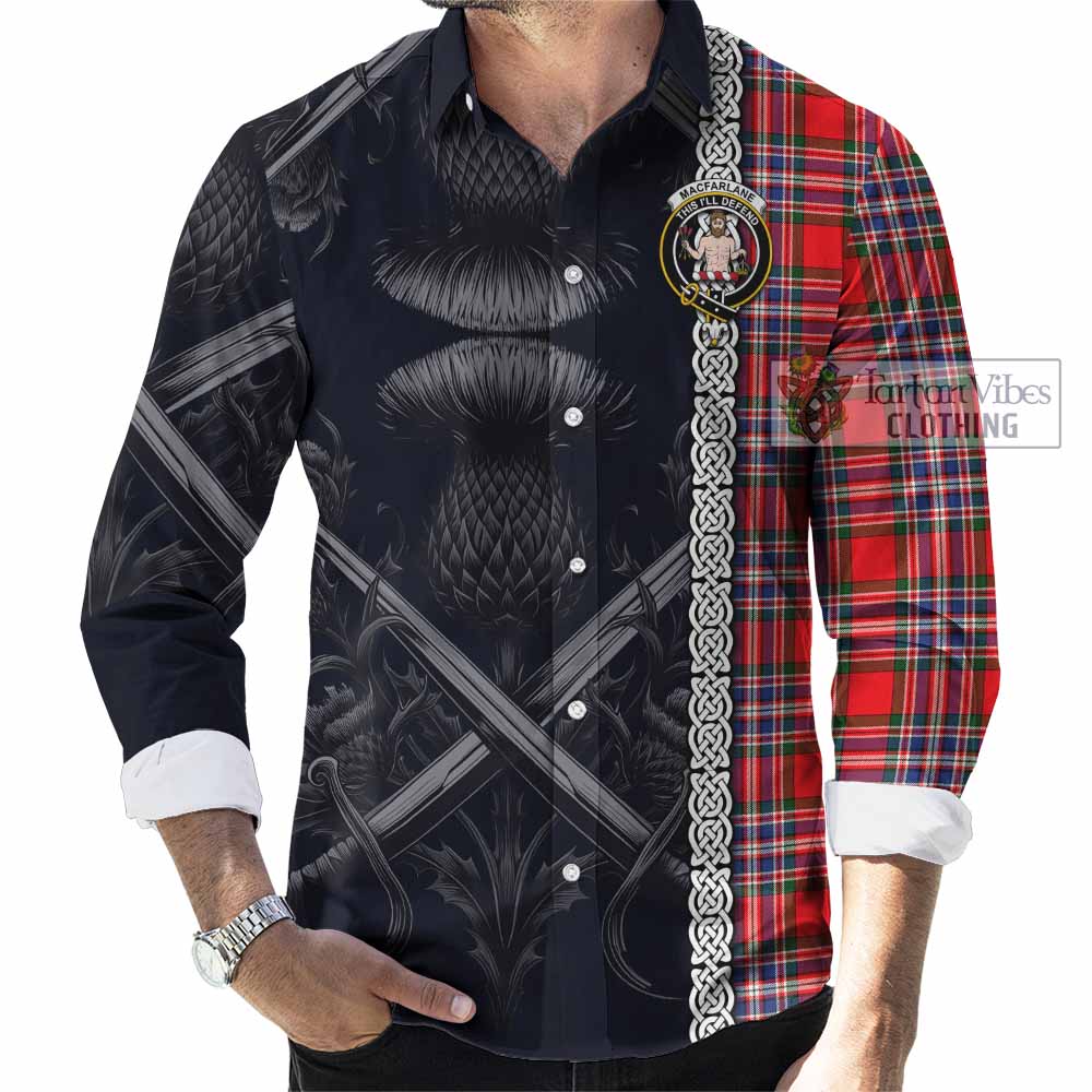 Tartan Vibes Clothing MacFarlane (McFarlane) Tartan Long Sleeve Button Shirt with Family Crest Cross Sword Thistle Celtic Vibes