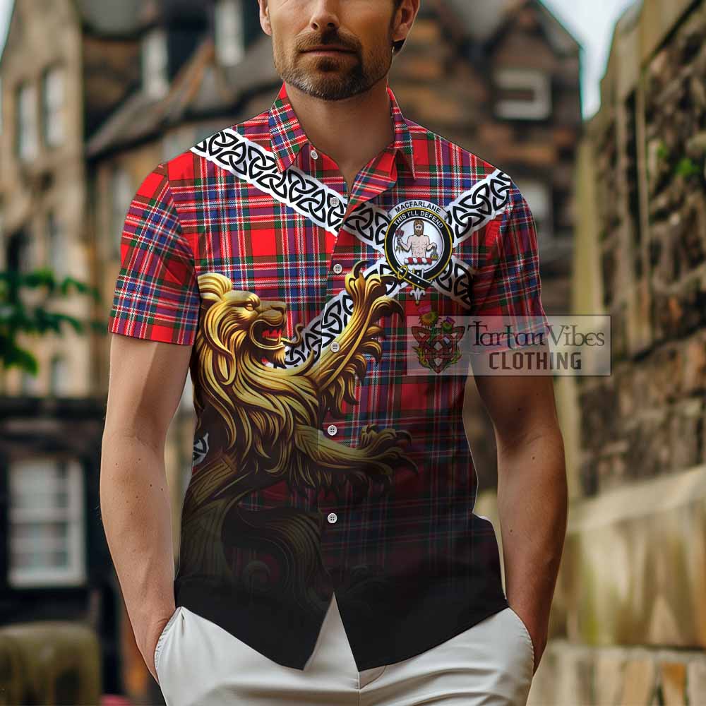 Tartan Vibes Clothing MacFarlane (McFarlane) Crest Tartan Short Sleeve Button Shirt with Golden Lion Emblem Celtic Style