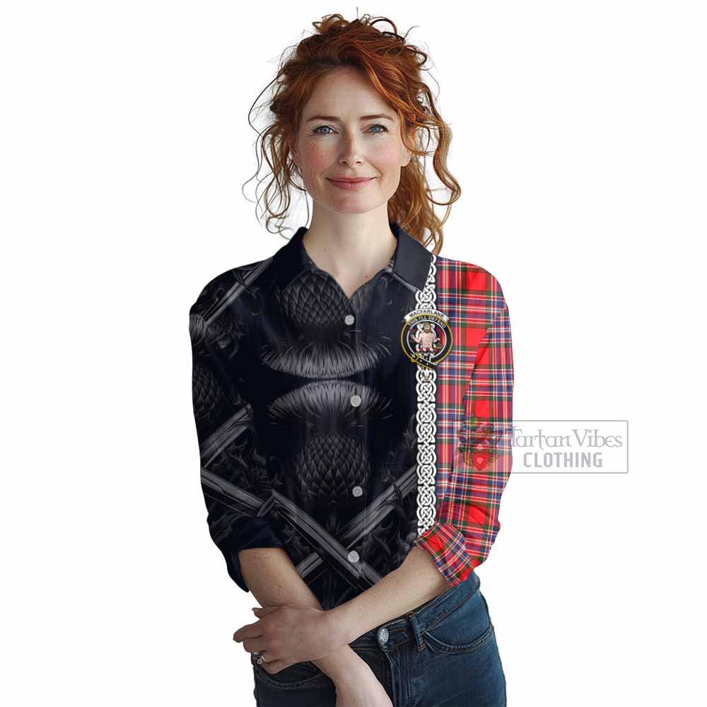 Tartan Vibes Clothing MacFarlane (McFarlane) Tartan Women's Casual Shirt with Family Crest Cross Sword Thistle Celtic Vibes