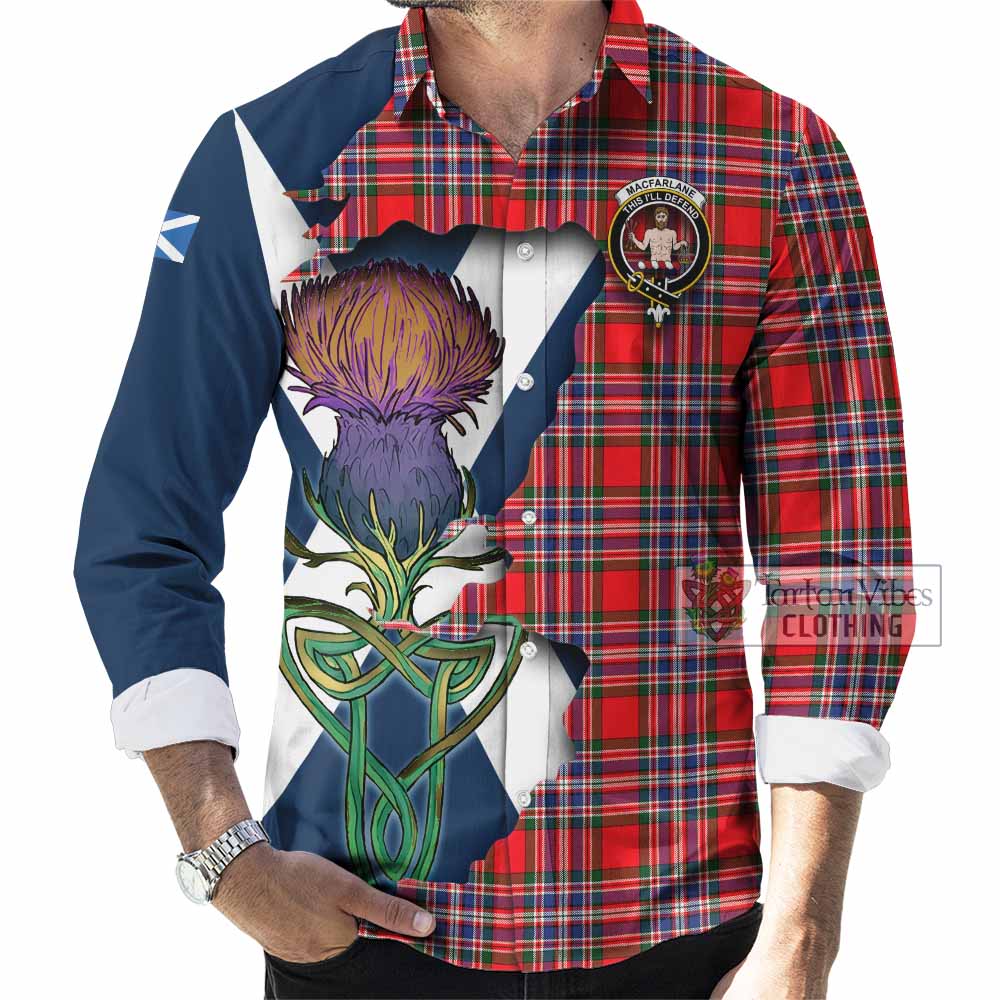 Tartan Vibes Clothing MacFarlane (McFarlane) Tartan Family Crest Long Sleeve Button Shirt Scottish Thistle Celtic Inspired