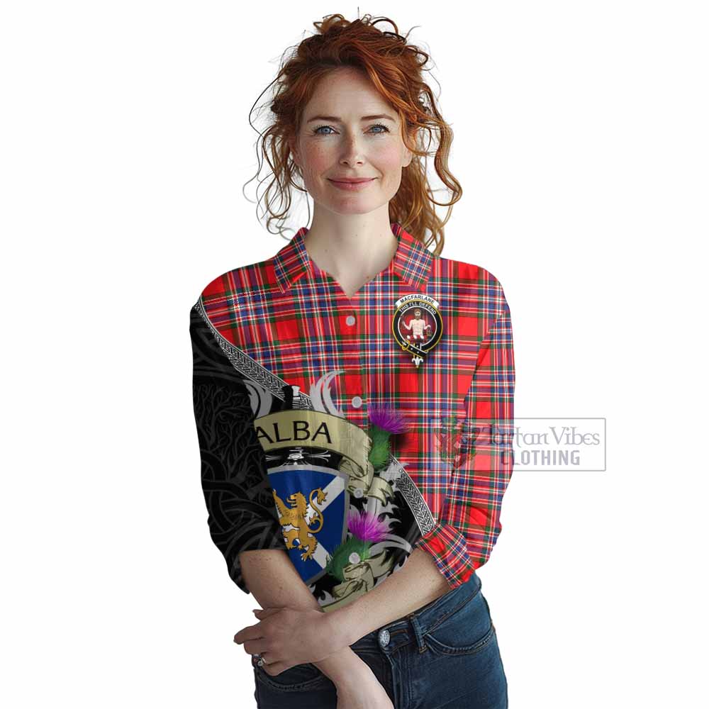 Tartan Vibes Clothing MacFarlane (McFarlane) Tartan Family Crest Women's Casual Shirt Lion Rampant Royal Thistle Shield Celtic Inspired