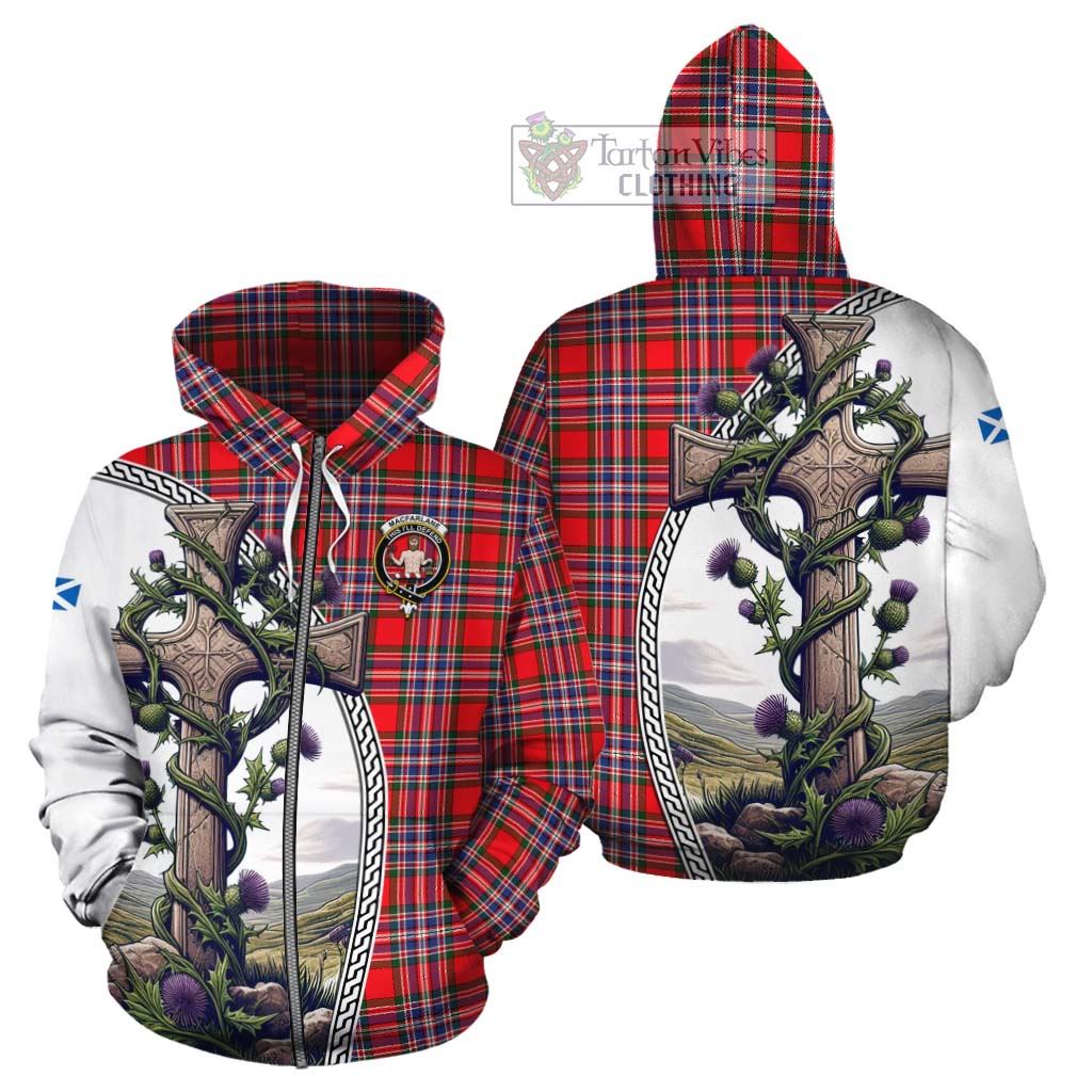 Tartan Vibes Clothing MacFarlane (McFarlane) Tartan Cotton Hoodie with Family Crest and St. Andrew's Cross Accented by Thistle Vines