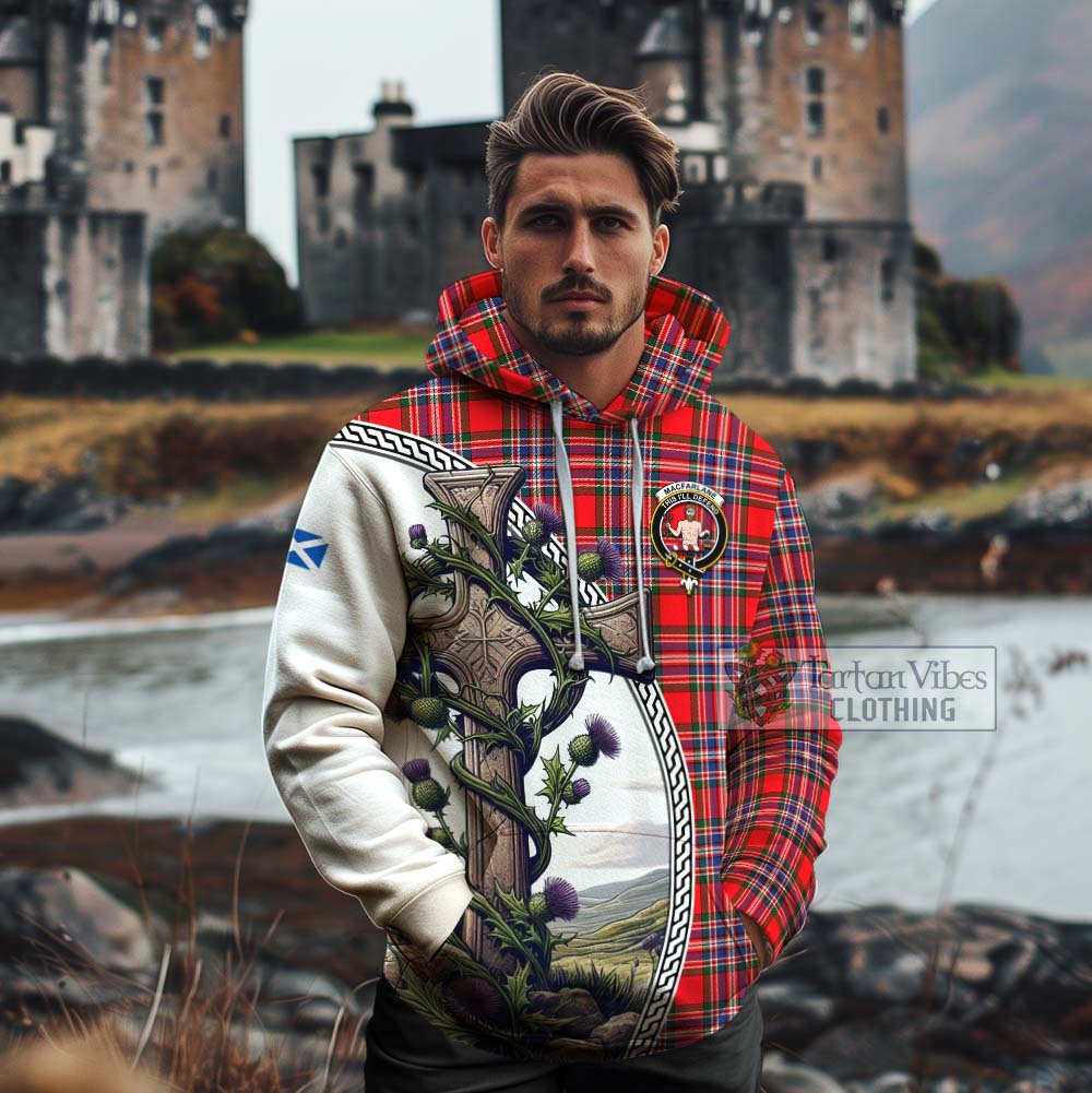 Tartan Vibes Clothing MacFarlane (McFarlane) Tartan Cotton Hoodie with Family Crest and St. Andrew's Cross Accented by Thistle Vines